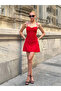 Women's Red Stone Embroidered Drawstring Dress Backless Tulle Mini Strap Evening Dress Stylish - 4