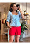 Blue Lace-Up Front Square Neck Peplum Blouse - 3