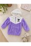 Girl's Plush Cardigan – Soft Winter Cardigan with Hood and Zipper Pockets in Purple Cream Color - 2