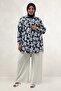 68094 Plus Size Cuffed Patterned Mango Tunic - Leaf Patterned Navy Blue