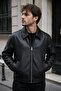 Men's Black Leather Jacket Zippered Regular Fit Premium