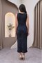 Drapeli Oil Painted Pattern Navy Blue Buckle Detailed Midi Graduation Evening Dress - 6