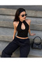 Women's Ring Detailed Halter Neckline Low-Cut Sleeveless Slim Fit Stylish Blouse