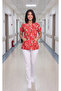 Women's V-Neck Bat Sleeve Teddy Bear Patterned Pink Terycotton Fabric Doctor Nurse Scrubs Uniform Single Top - 7