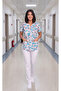 Women's V-Neck Bat Sleeve Teeth Patterned White Terycotton Fabric Doctor Nurse Scrubs Uniform Single Top - 7