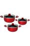 Non Stick Cooking Pot Set 6 Pieces, 22cm 26cm 30cm Aluminum Pots with Glass Lids, Red
