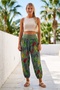 Italian Khaki Tropical Patterned Elastic Waist Shalwar with Pockets Casual Linen Look Woven Trousers 93 63 - 5