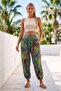 Italian Khaki Tropical Patterned Elastic Waist Shalwar with Pockets Casual Linen Look Woven Trousers 93 63 - 7