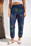 Italian Navy Blue Tropical Patterned Elastic Waist Shalwar with Pockets Linen Look Woven Trousers 93 63 - 3