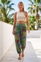 Italian Khaki Tropical Patterned Elastic Waist Shalwar with Pockets Casual Linen Look Woven Trousers 93 63 - 6