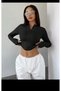 Women's Fit Black Zippered Finger-Looped Sports Cardigan Sweatshirt - 4