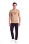 Men's Regular Fit Round Neck Large Velvet Logo Short Sleeve Beige T-Shirt - 2
