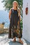 Italian Brown Pool Collar Sleeveless Pocketed Floral Printed 100% Linen Long Woven Dress 133 67 - 5
