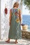 Italian Khaki Pool Collar Sleeveless Pocketed Floral Printed Casual 100% Linen Long Woven Dress 133 67 - 8