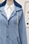 Hooded Buttoned Double Pocket Denim Cap - Blue - 2