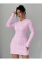 Women's Polo Collar Hair Knit Patterned Button Detailed Long Sleeve Mini Knitwear Dress - 3