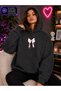 Women's Minimal White Ribbon Printed Hooded Kangaroo Pocket Cotton Casual Sweatshirt
