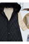 Hooded Fur Detailed Zippered Quilted Vest Black - 2