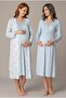 Women's Blue Floral Patterned Buttoned Lace Long Sleeve Dressing Gown Maternity Nightgown Set