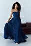 Navy Blue Strapless Collar Draped Chiffon Long Evening Dress - 5