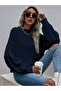 Women's Navy Blue Self-Collar Oversize T-Sleeve Thessaloniki Knitted Sweater - 2
