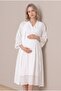 Women's Ecru Linen Scalloped Lace Maternity Nightgown Set with Easy Nursing Features - 3