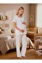 New Season Ecru Muslin Fabric Special Design Short-Sleeved 100% Cotton Maternity Pajama Set with Easy Breastfeeding Feature - 7
