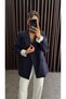 Women's Black Blazer Jacket with Folded Sleeves and Striped Inner Lining - 3