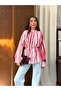 Women's Half High Collar Striped Waist Tie Spanish Sleeve Blouse Tunic 15044 - Pink - 2
