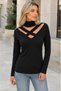 Women's Long Sleeve Turtleneck Cross Band Low-Cut Stretchy Stylish Elegant Casual Black Blouse