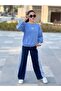 Girl's Striped Denim Detailed Stoned Double Set