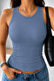 Ribbed Sleeveless Body Halter Full-Collar Blue Summer Tank Top - Blouse