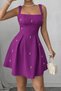 Plum Square Neck Strap Dress with Pearl Detail and Pleated Crepe Fabric