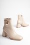 Women's Beige Thick Heeled Boots & Booties with Gold Buckle Detail - 4