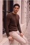 Bergamo Henley Collar Braided Thin Men's Knitwear Sweater - Brown - 5