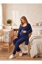 New Season Navy Blue Rope Strap Lace Detailed Design Buttoned Maternity Pajama Set 3-Piece Set - 3