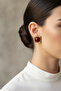 Square Shaped Burgundy Stone Detailed Yellow Tone Bijouterie Earrings - 2