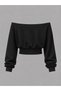 Women's Black U.S.A Printed Boat Neck 100% Cotton Ribbed Oversize Crop Sweatshirt - 2