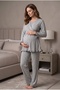 Women's Gray Double-Breasted Collar Long Sleeve Maternity Pajama Set with Breastfeeding Feature