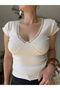 Ecru Lace Detailed V-Neck Ribbed Blouse - 5