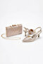 Women's Gold Textured Open-Back Thin Heeled Shoes and Bag Set