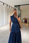 T Sleeve Bellows Pocket Tensel Denim Navy Blue Maxi Dress - 5