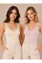 Women's 2-Piece Lace Detailed V-Neck Modal Cotton Flexible Undershirt Powder-Tan