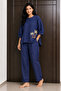 Women’s Dark Blue Cotton Co-Ord Set – Printed Top & Straight-Leg Pants Set - 2