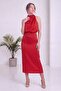 Women's High Neck Draped Midi Length Satin Dress Khaki, Red, Navy Blue, Black - 3