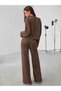 Women's Brown Buttoned Pocketed Knitwear Cardigan and Wide-Leg Pants 2-Piece Set - 2