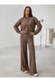 Women's Brown Buttoned Pocketed Knitwear Cardigan and Wide-Leg Pants 2-Piece Set - 7