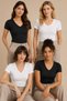 Women's 4-Piece V-Neck Short Sleeve Modal Cotton Flexible Undershirt Black-White