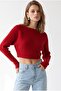 7039 Women's Horizontal Ribbed Boat Neck Crop Knit Sweater Red