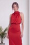 Women's High Neck Draped Midi Length Satin Dress Khaki, Red, Navy Blue, Black - 2
